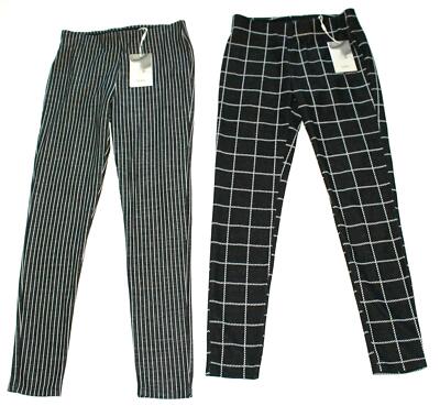 New (2) ICHI Leggings Pant Women's MEDIUM M Black Pinstriped Box Check Stretch