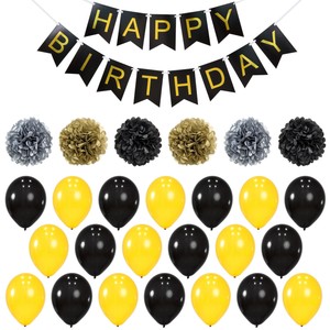 Details about Happy Birthday Party Decoration Set 20 Balloon Banner Pom Poms Silver Gold Black