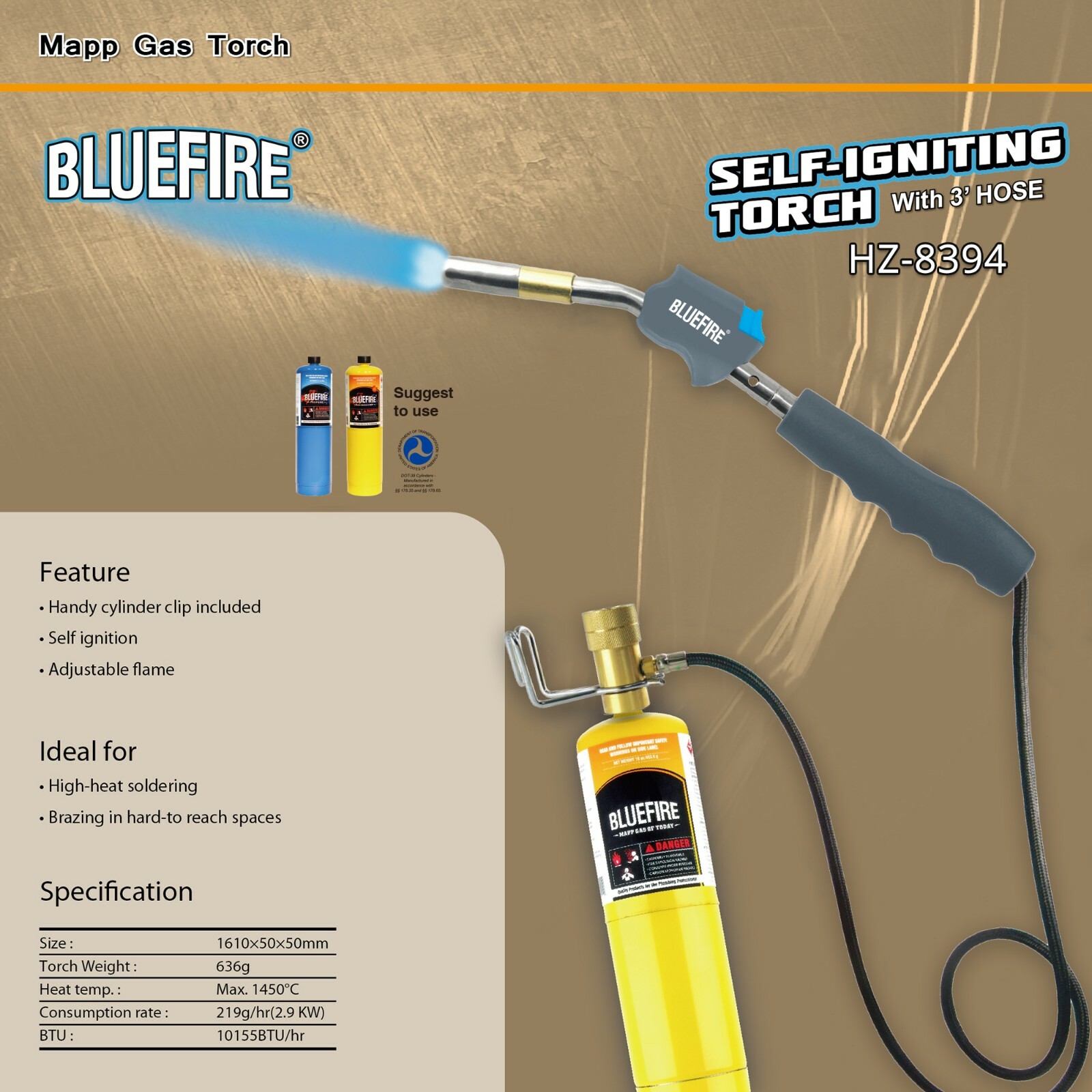 BLUEFIRE Self Ignition 3' Hose Gas Welding Turbo Torch Fuel MAPP MAP
