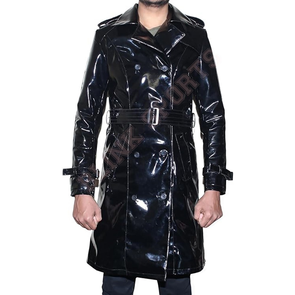 Men's Trench Vinyl Shiny Gothic Coat PVC Emo Top quality Faux Leather Black  Coat