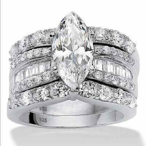 4CT Marquise Cut Lab-Created Diamond Trio Set Wedding Ring 14K White Gold Finish - Picture 3 of 8