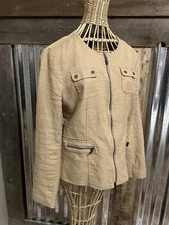 Dana Buchman Women's 8 Tan Cotton Linen Blazer Jacket Safari Work Preppy Office