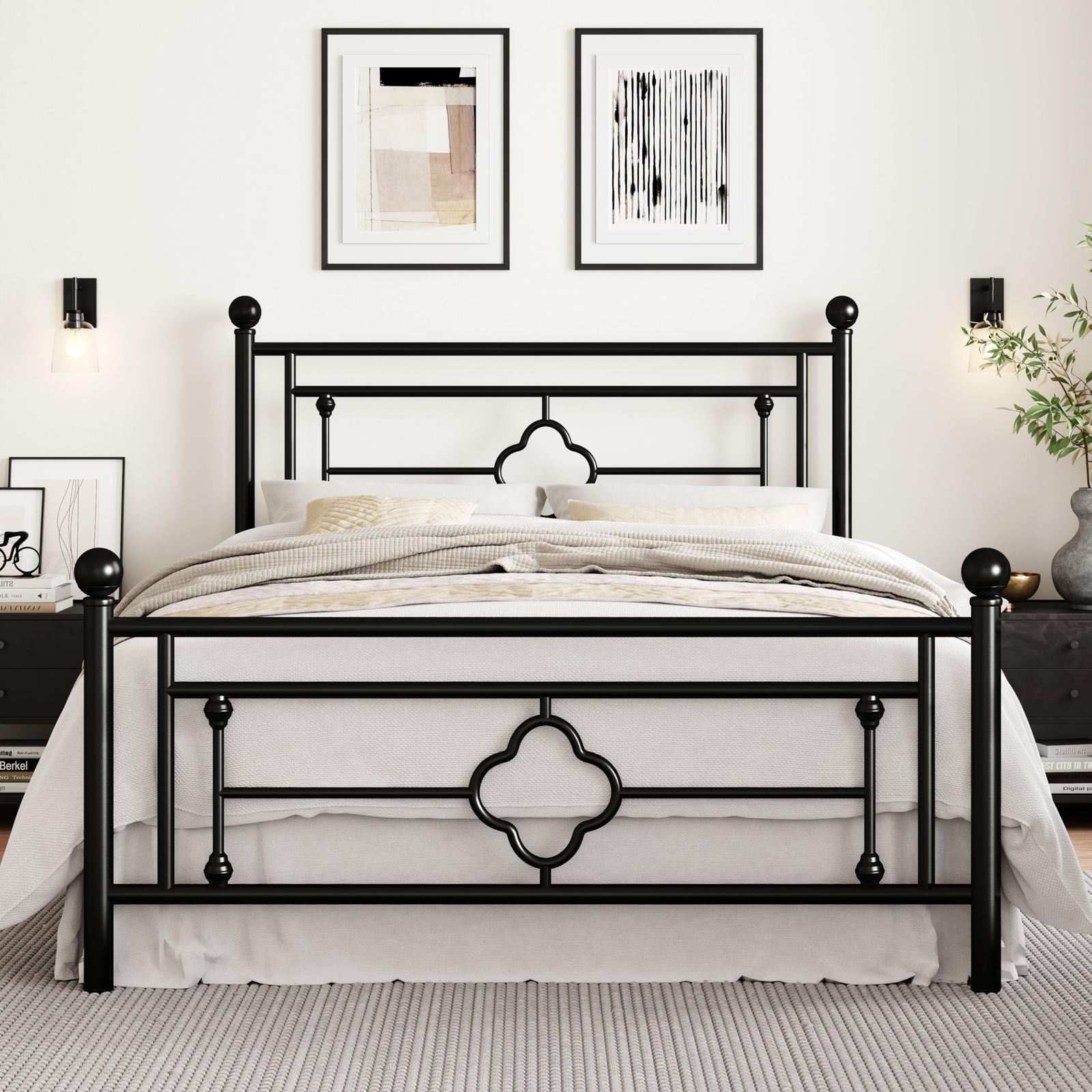 14 Inches Queen Size Metal Platform Bed Frame/Vintage Iron-Art Headboard and ...