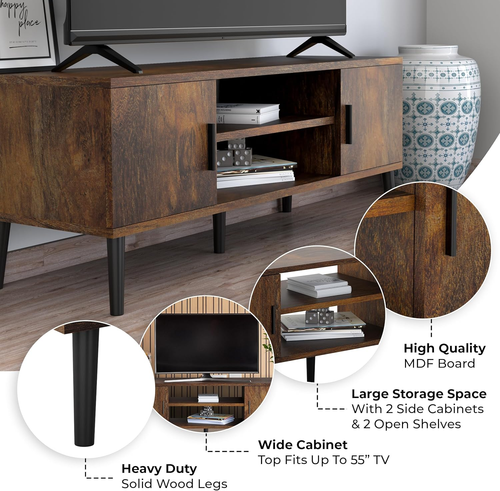 Mid-Century Modern 45" TV Stand with 2 Side Doors Entertainment Center Consol...