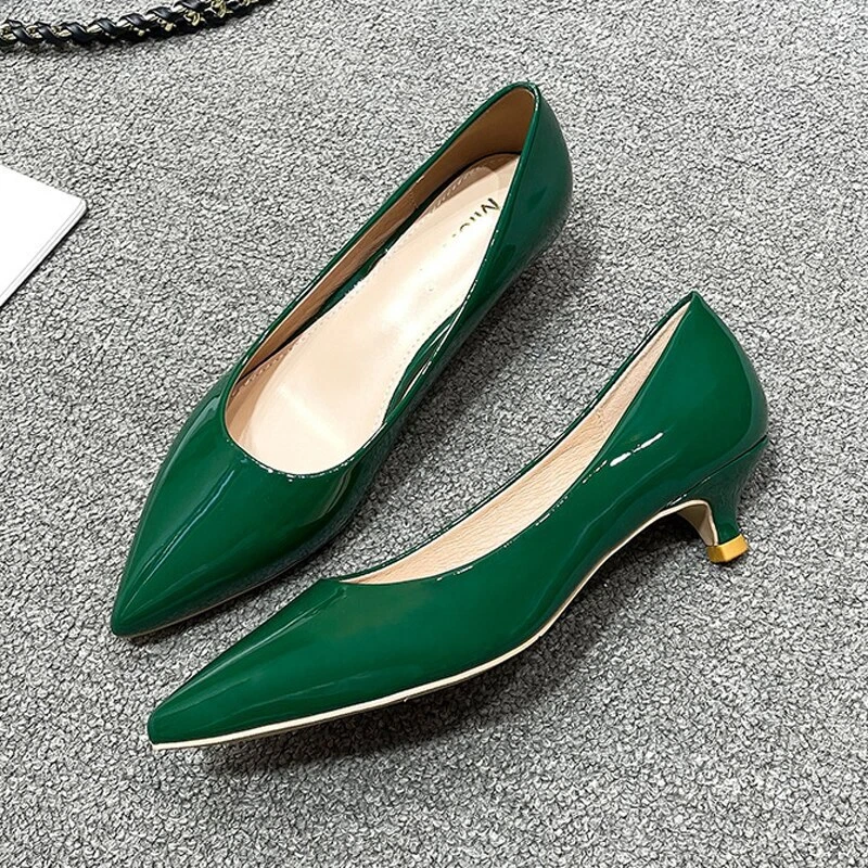 Women Low Heel Pumps Pointed Toe Patent Leather High Heels Work