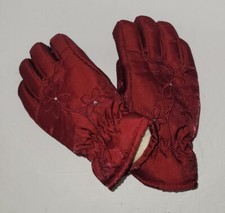 Red Scarlet Rhinestone Floral Nylon Thinsulate Lined Ski Gloves. Girls 7 - 10