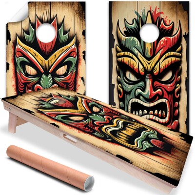 Tropical Tiki Masks Polynesia Cornhole Board Wraps and Decals Vinyl Sticker