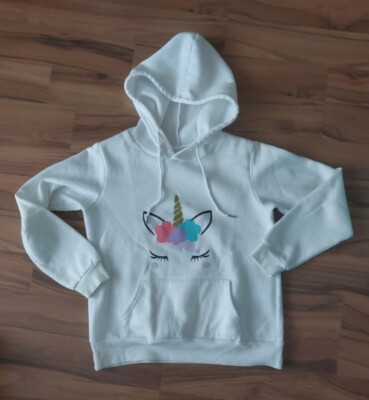 Damen 🦄 Kids Teen Pulli Kapuzenpullover Hoodie Gr S 36 38 weiß 🦄 Einhorn 