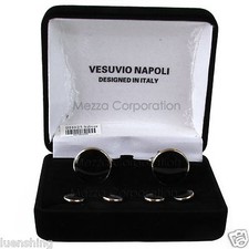 New Men's Rhodium Cufflinks  Studs Set Black Resin Formal Tuxudo Party Wedding