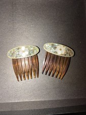 Vintage Pair Of Silver Abalone Mother of Pearl Flower Inlay Hair Combs