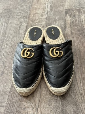 Gucci Marmont Gold Logo Black Matelasse Quilted Leather Mules Espadrilles