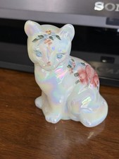 Fenton Art Glass Hand Painted Roses And Hearts Sitting Cat Figurine
