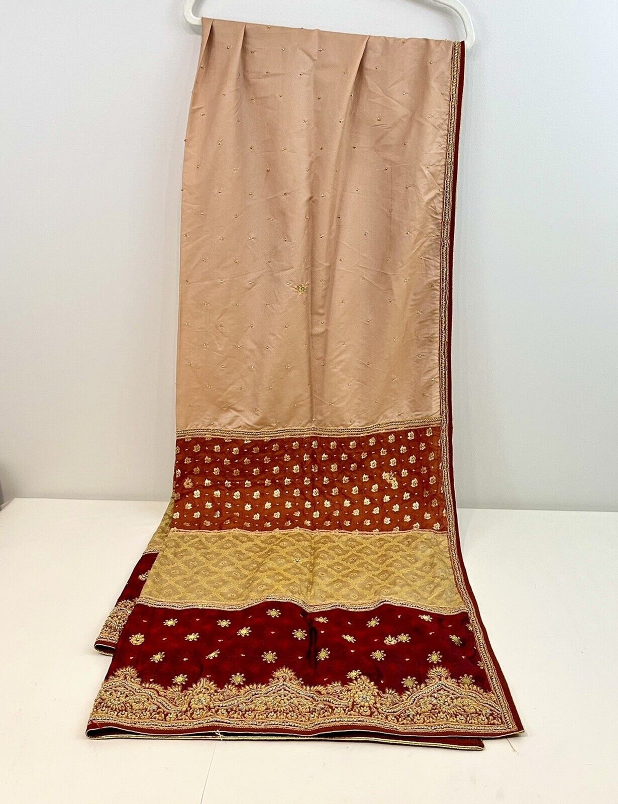 Heavy Dupatta Pure Satin Silk Dark Red Gold Hand Beaded Stole