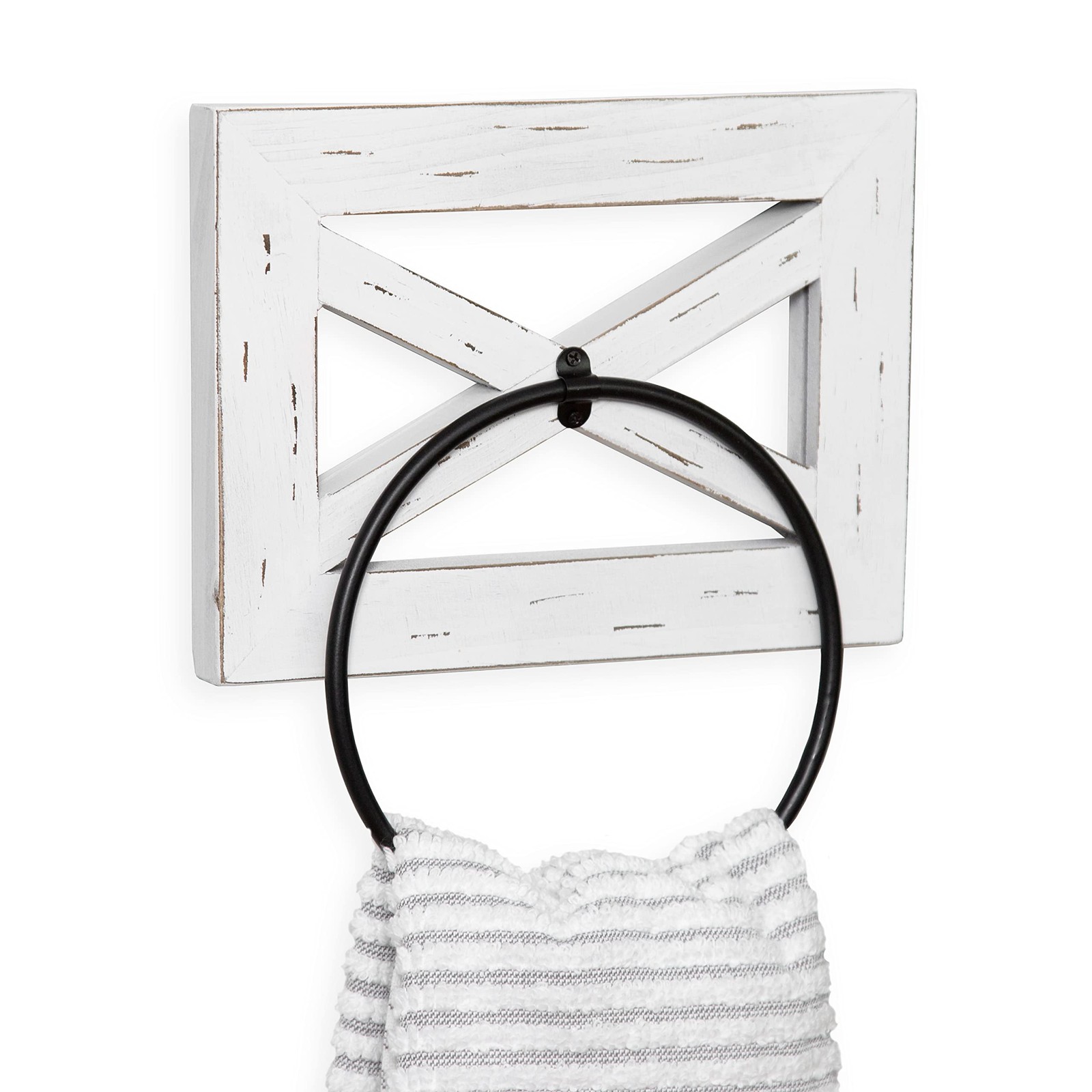 Ring For Bathroom- Wall Mounted- White Wood & Black Metal Ring