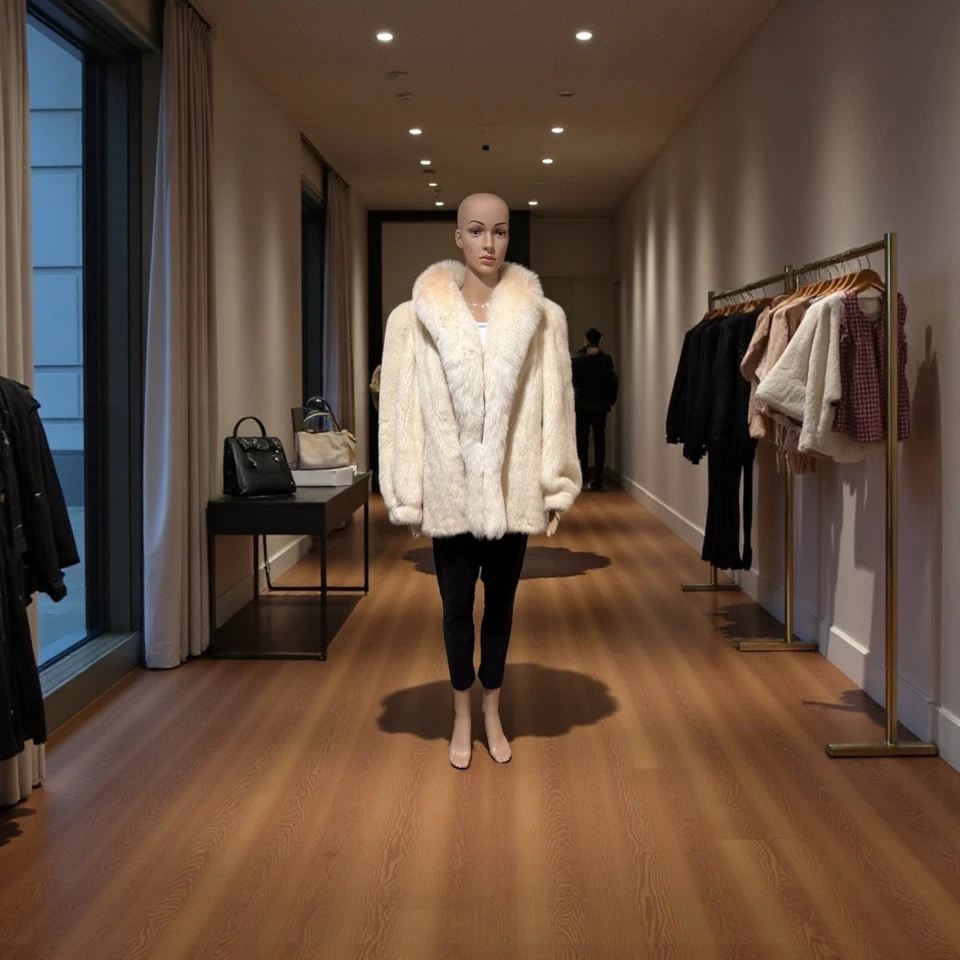 Casaco de pele de vison branco creme feminino com smoking de raposa branca frontal - Imagem 2 de 4