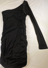Forever 21 Black One Shoulder Ruched Beaded Bodycon Short Dress Long Sleeve M/A