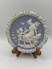 VINTAGE S & V JASPERWARE BLUE RELIEF WALL PLAQUE MAIDEN & CHERUB 7” D #2893