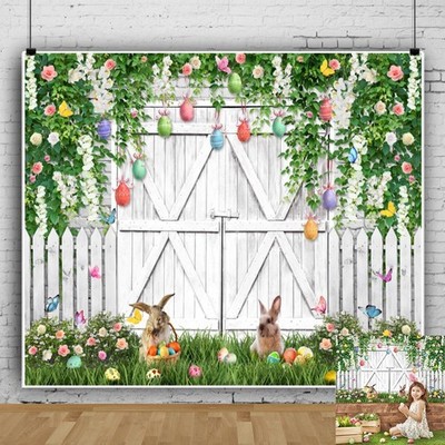 10x8ft Easter Backdrop Spring Flower Wall Leaves White Barn Door Spring Backd...