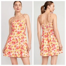 Old Navy Fit & Flare Tie-Shoulder Mini Cami Dress in Pink Watercolor - Size S