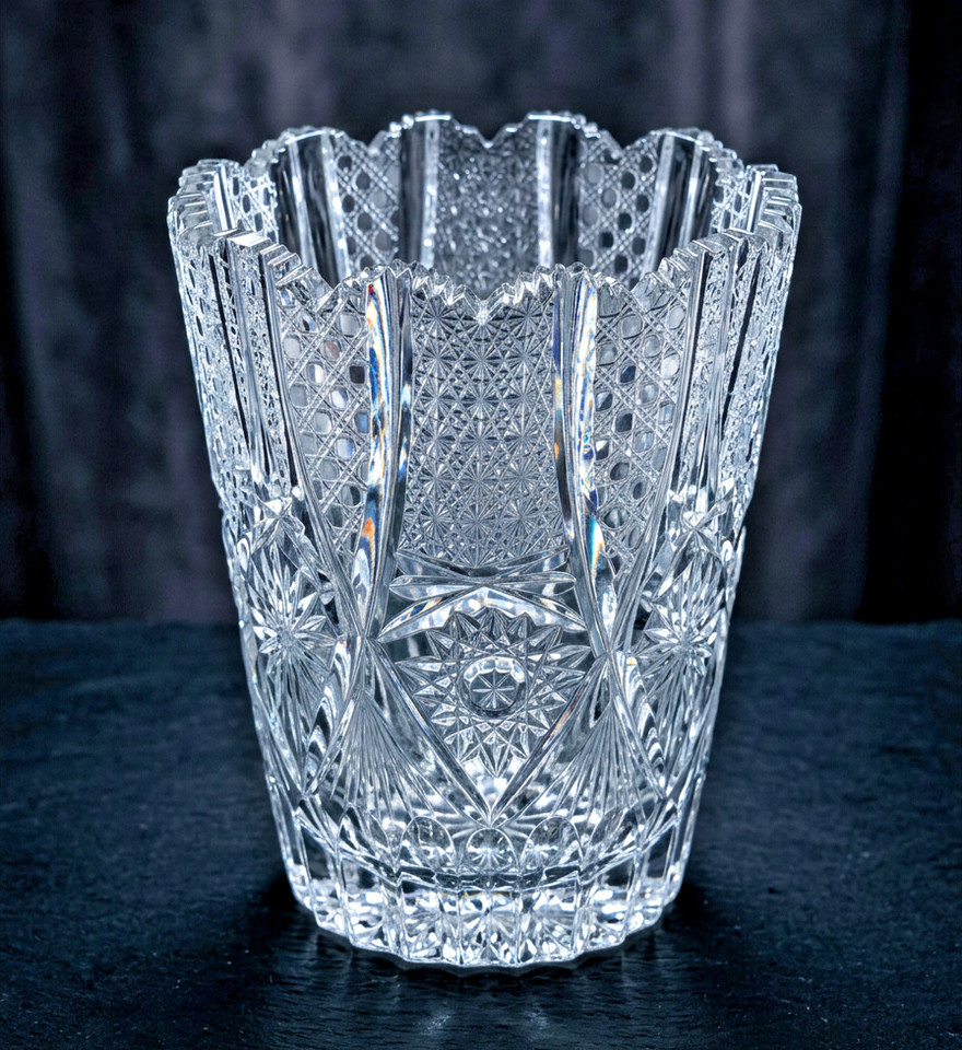 Vintage Heavy Cut Crystal Ice Bucket Sawtooth Rim Starburst Barware 6.5”