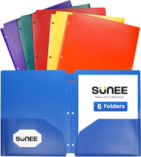 3 Hole Folders with Pockets 6 Pack, Assorted Color Plastic Folders for 3 Ring