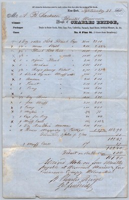 1850 billhead CHARLES BRIDGE STRAW GOODS HATS FURS UMBRELLAS PINE ST NEW YORK