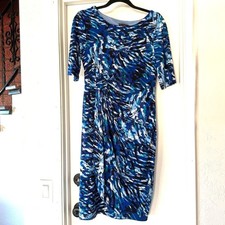 Connected Apparel Blue Black Abstract Patterned Dress Midi Tea Length size 10