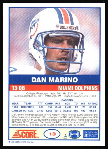 1989 Score Dan Marino #13 Miami Dolphins - Bild 2 von 2