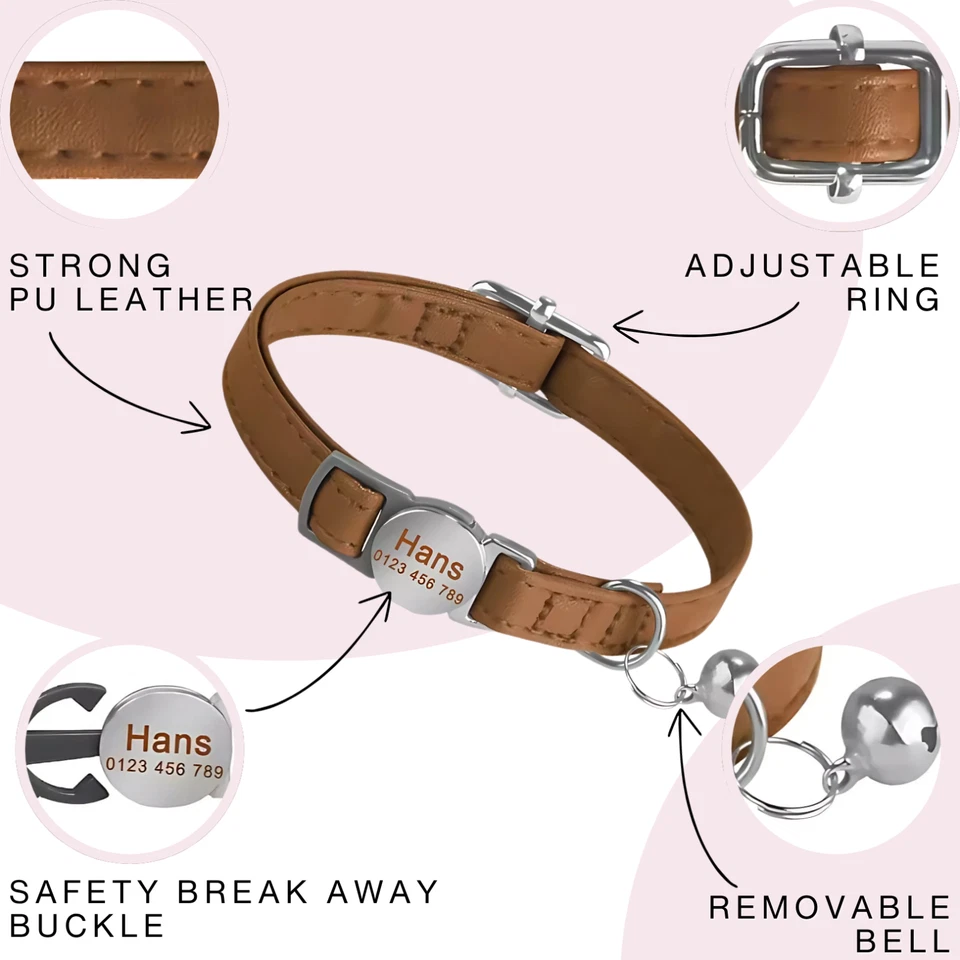 Collar Gato Breakaway Personalizado Grabado Nombre ID Ajustable con Campana Foto 2 de 4