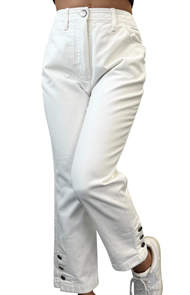 CHANEL Vintage 97C CC Logo Denim Pants #38 White Silver Cotton Stitch Pocket - Image 2 of 4