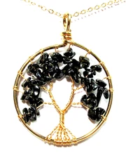 Gold Tone Black Onyx Semi Precious Stone Tree Of Life 20" Necklace -NWOT (#2986)