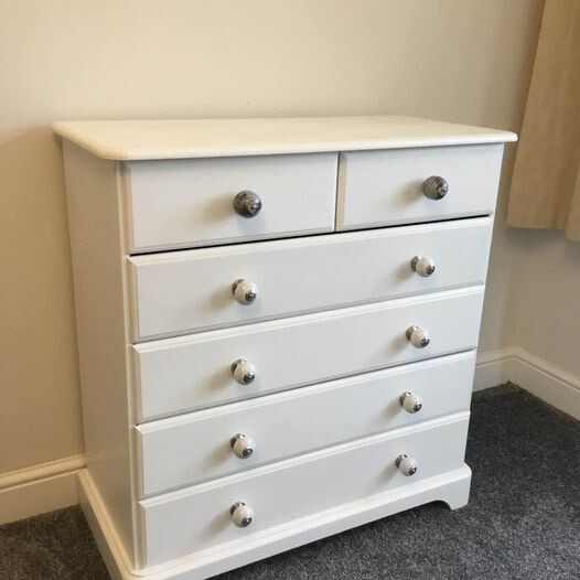 Hand painted vintage up-cycled pine chest of drawers white with unique detail for sale  Shipping to South Africa