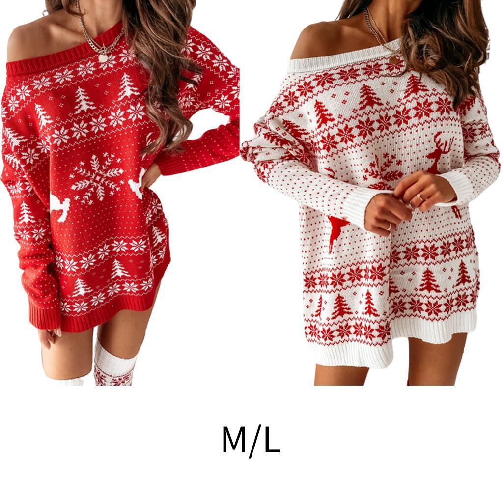 Off Shoulder CHRistmas Sweater DrESS Knitting Pullover for UK