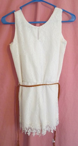 Sequin Hearts IVORY lined lace short romper belt crochet trim Girls's Large NEW - Picture 2 of 4