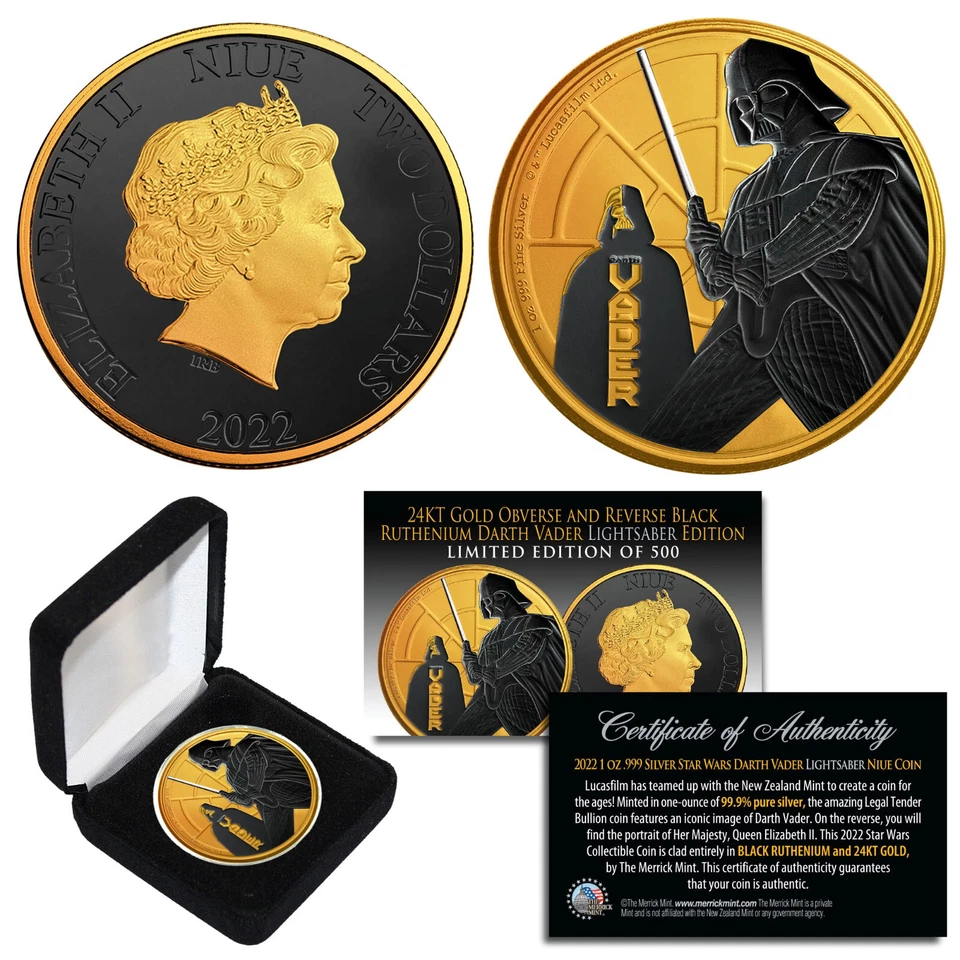 2022 NZM 1 oz Silver STAR WARS Coin 24K Gold Clad & BLACK RUTHENIUM DARTH VADER - Изображение 3 из 3