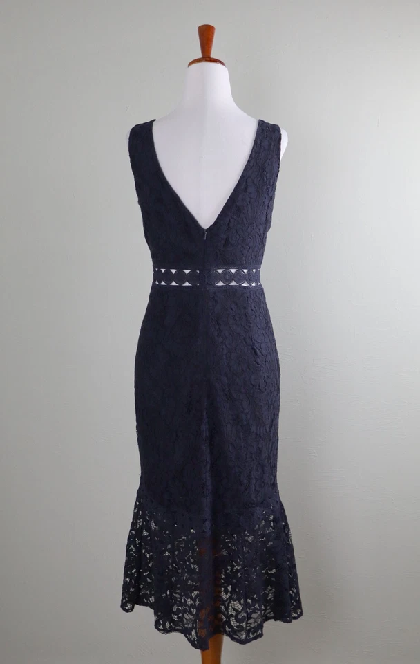 BARDOT $128 Navy Lace Sheer Waist Flounce Mermaid Midi Dress Size US 8 / Medium - Image 4 of 4