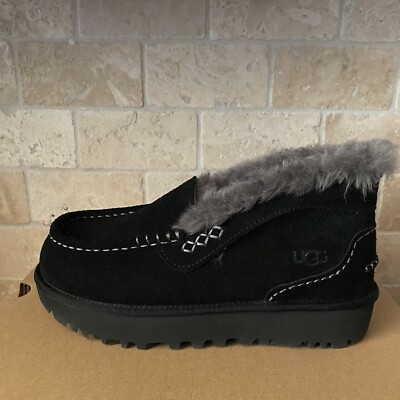 UGG ANSLEY PARC BLACK SUEDE PLATFORM MOCCASIN SLIPPERS SIZE US 7