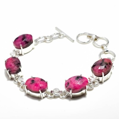 Rhodonit Edelstein 925 Sterlingsilber handgefertigtes Schmuckarmband Größe 7-...