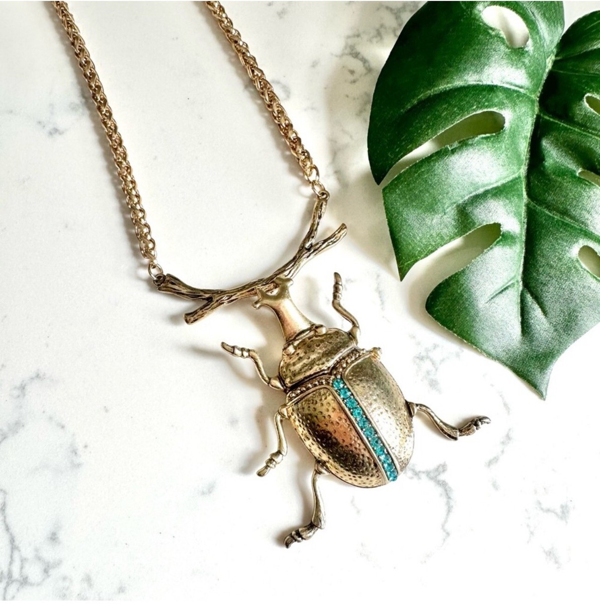 Large Egyptian Gold Scarab Necklace Beetle Insect Bug Statement Jewelry  Gift NEW