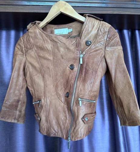 Karen Millen Brown Leather Cropped Biker Style Jacket Size 6 Used - Picture 3 of 8