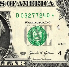 2021 D star note One dollar Bill D03277240* 500K Sheet Note Run 2 of 3