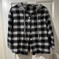 Plaid Flannel Button-Up Hooded Blouse Black White Gray Long Sleeve Women