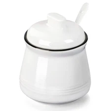 Porcelain Salt Bowl with Lid and Spoon,Ceramic Sugar Bowl 12oz (White)