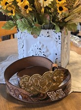 Tooled Leather Belt Flowers Kneeling Praying Cowboy Double Heart Buckle Size 34