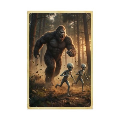 Bigfoot vs UFO Poster, Vintage Cryptid Wall Art Print, Retro Horror Decor