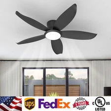 42" Ceiling Fan with LED Light Black Thin Flush Mount with Remote APP Control