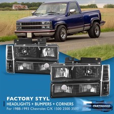 For 88-93 Chevy Silverado Ck 1500 2500 3500 Black Headlights Bumper Lamps Set