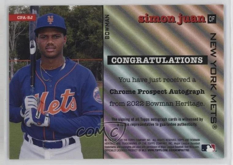 2022 Bowman Heritage Chrome Prospect Gold Refractor /50 Simon Juan #CPA-SJ Auto - Image 2 of 2