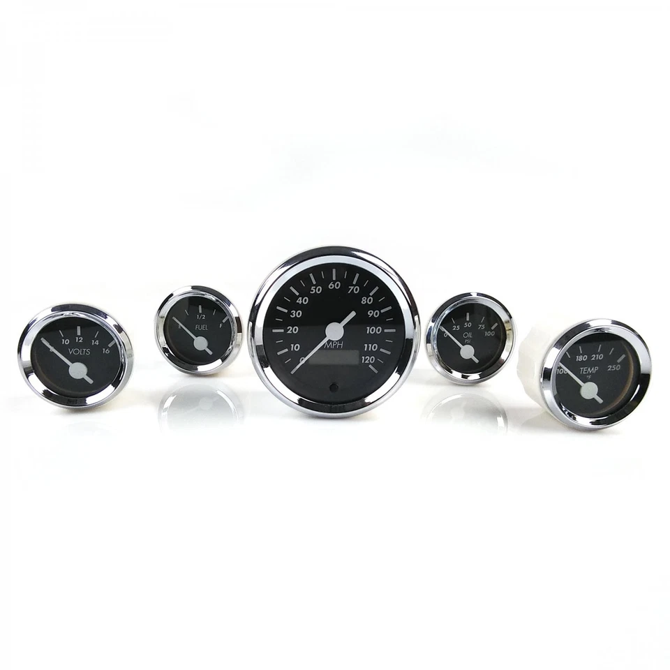 5 Gauge Set SAE American Classic Black, White Vintage Needles, Chrome Rings - Image 3 of 4