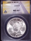 1922 P Silver Peace Dollar, ANACS Grade MS 63 See Photos